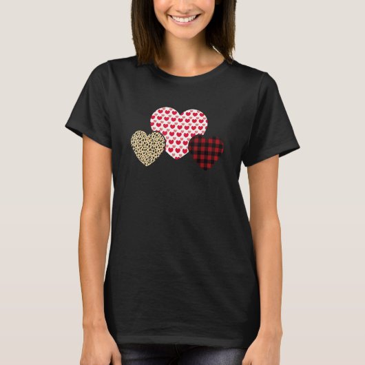 Happy Valentines Day Hearts Leopard Buffalo Plaid  T-shirt (Voorkant)