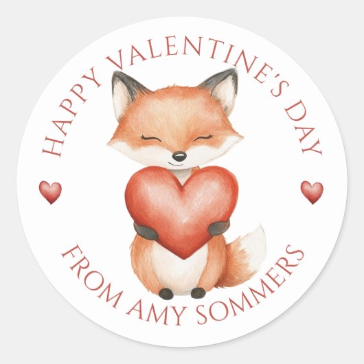 Happy Valentine's Day Kind Waterverf Fox Ronde Sticker (Voorkant)