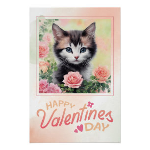 Happy Valentine's Day Kitten Peach Rozen Perfect Poster