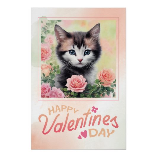 Happy Valentine's Day Kitten Peach Rozen Perfect Poster (Voorkant)