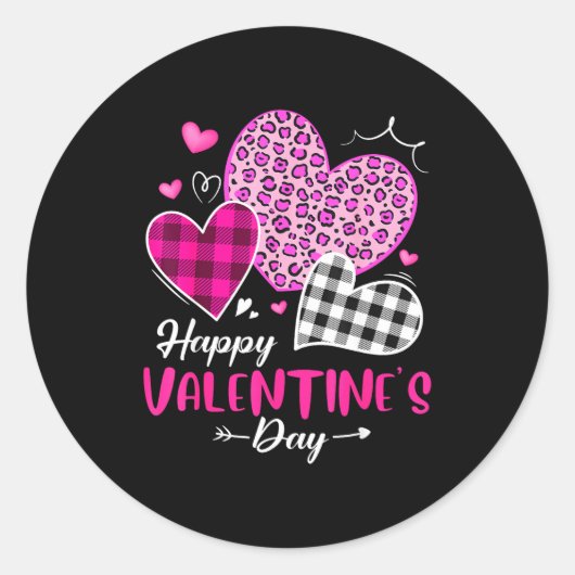 Happy Valentine's Day Leopard And Plaid Hearts Gir Ronde Sticker (Voorkant)
