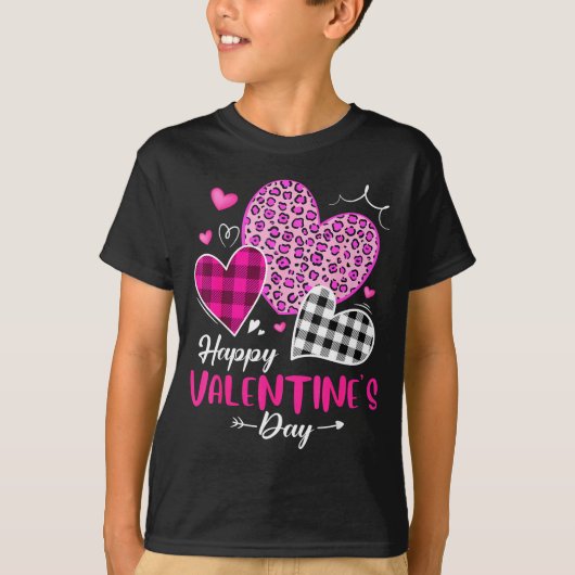 Happy Valentine's Day Leopard And Plaid Hearts Gir T-shirt (Voorkant)