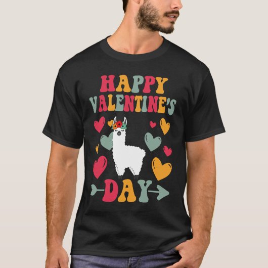 Happy Valentines Day Llama Heart Love Groovy T-shirt (Voorkant)