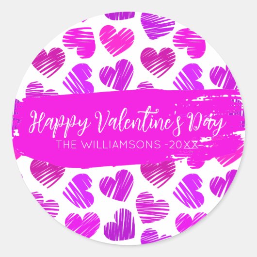 Happy Valentines Day Modern Paarse Roze Hart Naam Ronde Sticker (Voorkant)