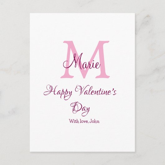 Happy valentine's day monogram pink name love girl briefkaart (Voorkant)