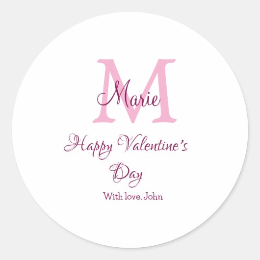 Happy valentine's day monogram pink name love girl ronde sticker (Voorkant)