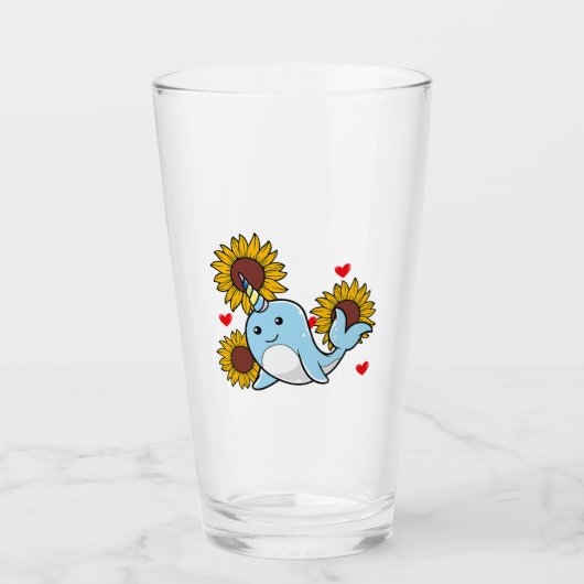 Happy Valentines Day Narwhal met zonnebloempje Glas (Voorkant)