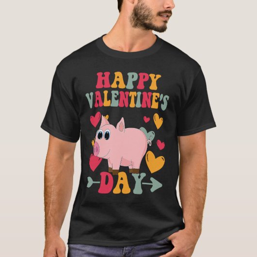 Happy Valentines Day Pig Heart Love Groovy T-shirt (Voorkant)