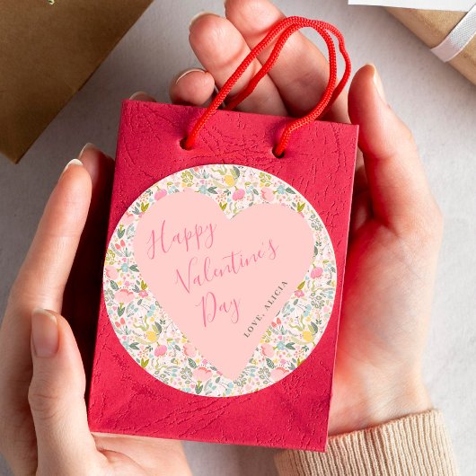 Happy Valentines Day pink heart floral Ronde Sticker