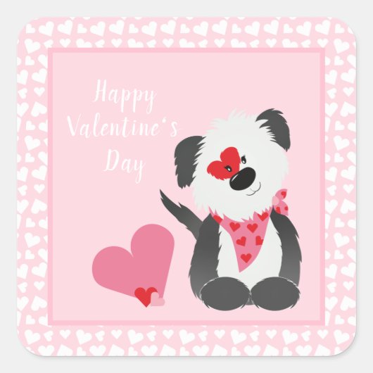 Happy Valentines Day Puppy Hearts Pink Vierkante Sticker (Voorkant)