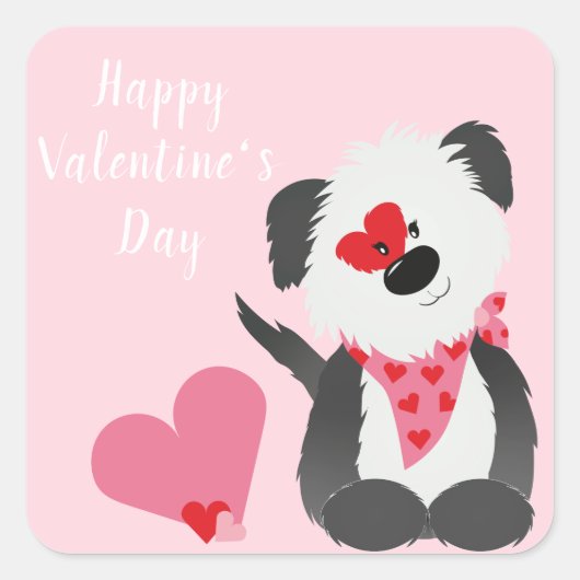 Happy Valentines Day Puppy Hearts Pink Vierkante Sticker (Voorkant)