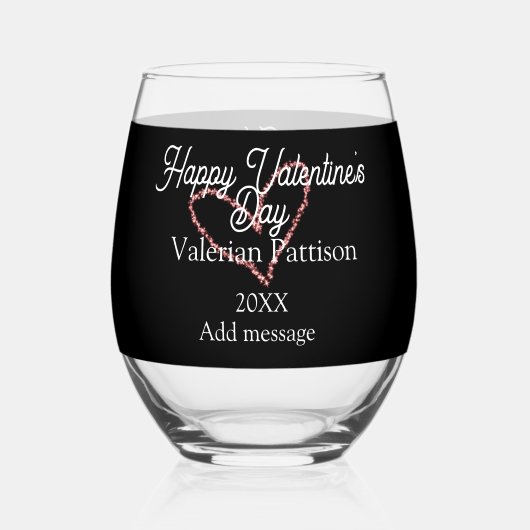 Happy Valentine's day red glitter heart black name Wijnglas Zonder Voet (Voorkant)
