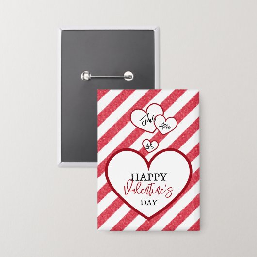 Happy Valentine's Day Red Hearts Chalk Stripes Button (Voorkant / Achterkant)