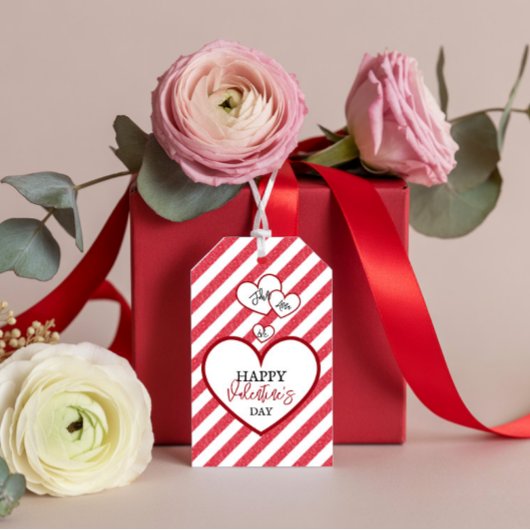 Happy Valentine's Day Red Hearts Chalk Stripes Cadeaulabel