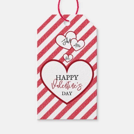 Happy Valentine's Day Red Hearts Chalk Stripes Cadeaulabel (Voorkant)