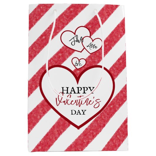 Happy Valentine's Day Red Hearts Chalk Stripes Medium Cadeauzakje (Voorkant)