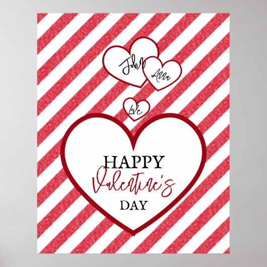 Happy Valentine's Day Red Hearts Chalk Stripes Poster (Voorkant)