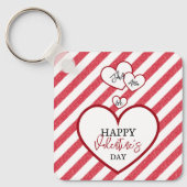 Happy Valentine's Day Red Hearts Chalk Stripes Sleutelhanger (Voorkant)