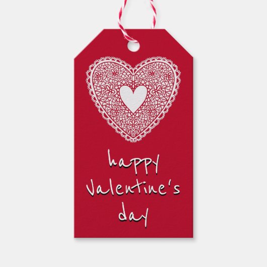 Happy Valentine's Day Red Lace Heart Cadeaulabel (Voorkant)