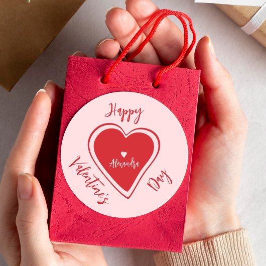 Happy Valentines Day red pink heart script name Ronde Sticker