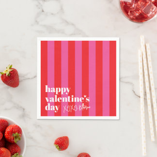 Happy Valentine's Day Red Pink Stripe Paper Servet