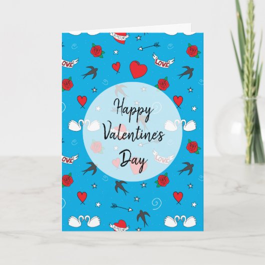 Happy Valentines Day Retro Patterned Blue Feestdagen Kaart (Voorkant)
