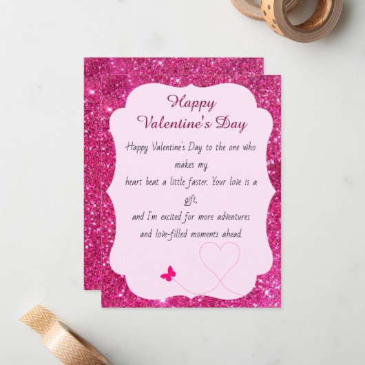 Happy Valentine's Day Roos Roze Blush Glitter Notitiekaartje (Voorkant / Achterkant in situ)