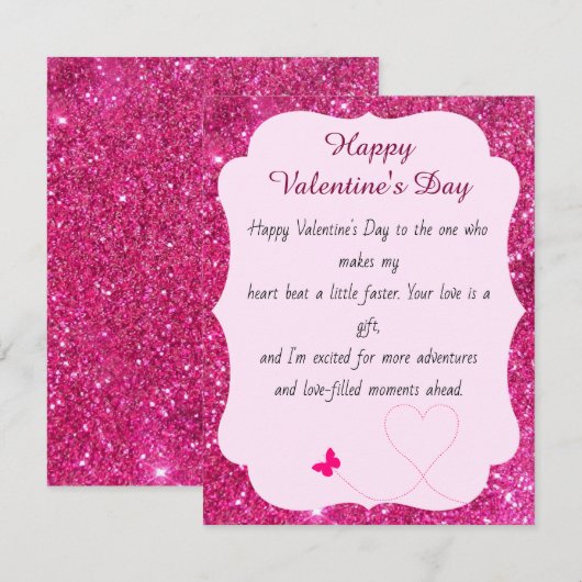 Happy Valentine's Day Roos Roze Blush Glitter Notitiekaartje (Voorkant / Achterkant)