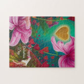Happy Valentines Day - Roze bloemen en harten Legpuzzel (Horizontaal)