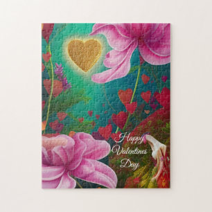 Happy Valentines Day - Roze bloemen en harten Legpuzzel