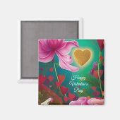Happy Valentines Day - Roze bloemen en harten Magneet (Voorkant / Achterkant)