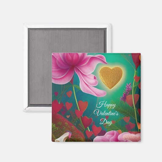 Happy Valentines Day - Roze bloemen en harten Magneet (Voorkant / Achterkant)