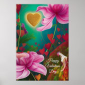 Happy Valentines Day - Roze bloemen en harten Poster (Voorkant)