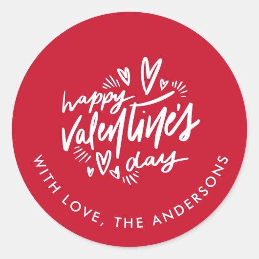 Happy Valentine's Day script Rood en Wit Ronde Sticker (Voorkant)