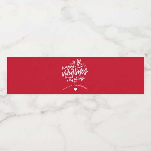 Happy Valentine's Day script Rood en Wit Waterfles Etiket (Enkel label)