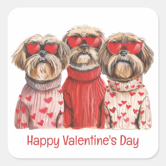 Happy Valentines Day Shih Tzu Dogs Vierkante Sticker (Voorkant)