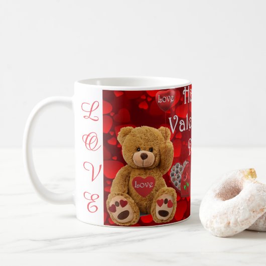 Happy Valentine's Day Teddy Bear Heart Cute Koffiemok (Met donut)