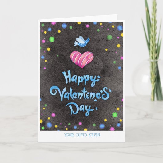 Happy Valentines Day Typography Cute Bird & Heart Feestdagen Kaart (Voorkant)
