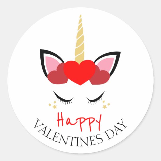 Happy Valentines Day Unicorn Pink Red Hearts Ronde Sticker (Voorkant)