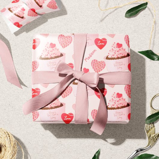 Happy Valentin's Day Cupcake and Hearts Pattern Cadeaupapier