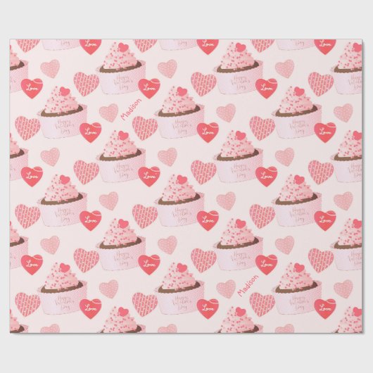 Happy Valentin's Day Cupcake and Hearts Pattern Cadeaupapier (Vlak)