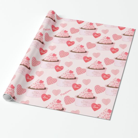 Happy Valentin's Day Cupcake and Hearts Pattern Cadeaupapier (Uitgerold)
