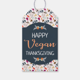 Happy vegan Thanksgiving blue floral oranje text Cadeaulabel