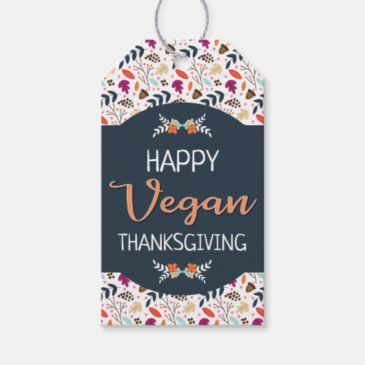 Happy vegan Thanksgiving blue floral oranje text Cadeaulabel (Voorkant)