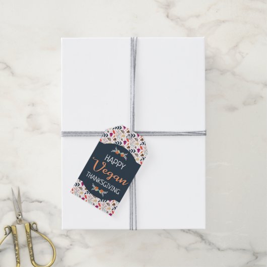 Happy vegan Thanksgiving blue floral oranje text Cadeaulabel (Met Touw)