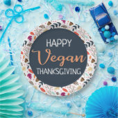 Happy vegan Thanksgiving blue floral oranje text Papieren Bordje (Feest)