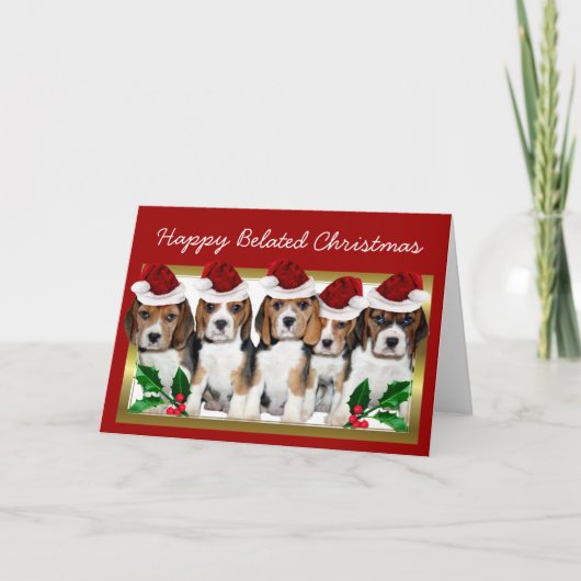 Happy Verlate Christmas Beagle puppies kaart (Voorkant)