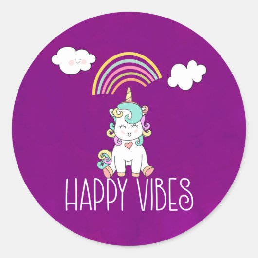 Happy Vibes Cute Smiling Unicorn Ronde Sticker (Voorkant)
