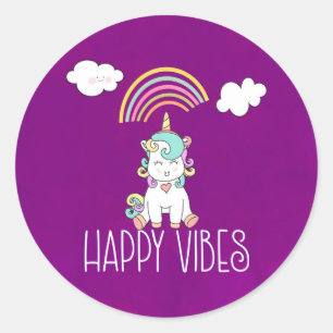 Happy Vibes Cute Smiling Unicorn Ronde Sticker