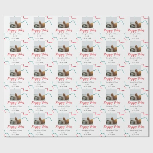 Happy Vibes holiday couple name date wedding red Cadeaupapier (Vlak)
